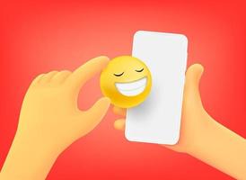 main tenant un smartphone avec emoji riant. illustration vectorielle 3d vecteur