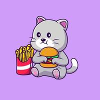chat mignon mangeant un hamburger et des frites illustration d'icônes vectorielles de dessin animé. concept de dessin animé plat. adapté à tout projet créatif. vecteur