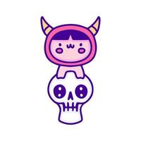 bébé mignon en costume de diable avec crâne doodle art, illustration pour t-shirt, autocollant ou marchandise vestimentaire. avec un style pop et kawaii moderne. vecteur