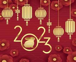 joyeux nouvel an chinois 2023 année du lapin or dessin abstrait illustration vectorielle avec fond rouge vecteur