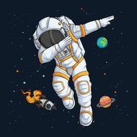 astronaute drôle dessiné à la main faisant de la danse de tamponnage dans l'espace avec une fusée spatiale et des planètes derrière vecteur