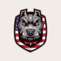 création de logo de mascotte de vecteur de chien avec un style de concept d'illustration moderne pour l'impression de badges, d'emblèmes et de t-shirts. illustration de pit-bull en colère avec un collier autour du cou et un bouclier drapeau américain