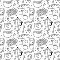 joli motif harmonieux avec petit-déjeuner - café, lait, pain, bacon, gaufres, flocons d'avoine, croissant, légumes et fruits. illustration vectorielle de doodle dessinés à la main.parfait pour l'impression, l'emballage, le papier peint vecteur