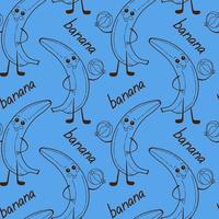bananes de bébé kawaii mignon avec boules vecteur motif sans couture avec mot banane sur fond bleu. le vecteur décrit l'arrière-plan de dessin animé bébé banane. parfait pour les impressions textiles, le design des enfants, la décoration.