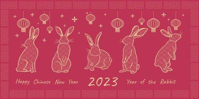 nouvel an chinois 2023 année du lapin - carte de voeux avec lapins ornementaux sur fond viva magenta. vecteur
