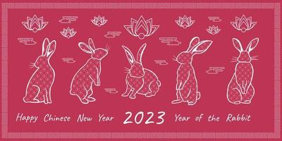 nouvel an chinois 2023 - carte de voeux avec lapins et lotus ornementaux sur fond viva magenta. vecteur