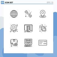 contour de l'interface mobile ensemble de 9 pictogrammes d'équipement romance carte aimant coeur éléments de conception vectoriels modifiables vecteur