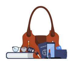 sac à main femme et contenu. agenda, lunettes, portefeuille, carte bancaire, stylo, smartphone, passeport, clés de voiture, rouge à lèvres. illustration vectorielle. vecteur