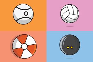 ensemble d'illustration vectorielle d'élément d'équipement de jeux de sport. concept d'icône d'objets de sport. boule de billard, balle de golf, balle hurlante, conception vectorielle de collection de balles de squash. amateur de sport, icône de symboles sportifs. vecteur