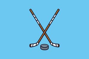 bâtons de hockey et rondelle de hockey en illustration vectorielle de signe croisé. concept d'icône d'objet de hockey sportif. création de logo de sport de hockey. bâtons et conception d'icône de rondelle sur fond bleu. vecteur