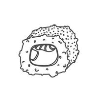 doodle sushi roll au sésame, cuisine japonaise. icône de style dessin animé de rouleau de sushi. sushi isolé sur fond blanc. sushi de dessin animé de vecteur. logo, icône. rouleaux de sushi de style dessin à la main. nourriture asiatique vecteur