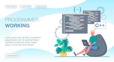 programmeur travaillant. le programmeur travaille sur l'ordinateur. une femme est assise sur une chaise avec un ordinateur portable, au-dessus d'elle se trouvent les fenêtres avec le code du programme. illustration vectorielle plane. vecteur