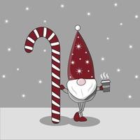 nouvelle année. Noël. le lutin du père noël se tient appuyé sur une sucette ou un bonbon du nouvel an et tient du café chaud dans sa main vecteur