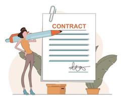 contrat d'entreprise. une femme tient un stylo et signe un document vecteur