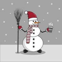 nouvelle année. Noël. un bonhomme de neige se tient avec un balai et tient du café chaud dans sa main vecteur