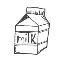 tétrabrique de lait. lait de dessin animé. icône de la nourriture. dessin animé doodle noir et blanc, illustration vectorielle. vecteur