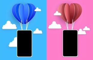 conception de vecteur de typographie happy valentines day avec des ballons en papier dans le ciel coeurs rouges et bleus et un téléphone pour les supports publicitaires. illustration vectorielle