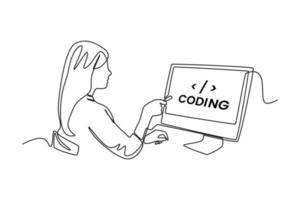 les programmeurs ou les développeurs de dessin d'une seule ligne créent un code de langage de programmation devant l'ordinateur. notion de code de programmation. illustration vectorielle graphique de conception de dessin en ligne continue. vecteur