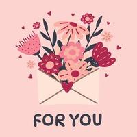 fleurs dans une enveloppe. courrier fleuri. concept de bonne saint valentin dans les couleurs roses, violets et rouges. 8 mars. vecteur