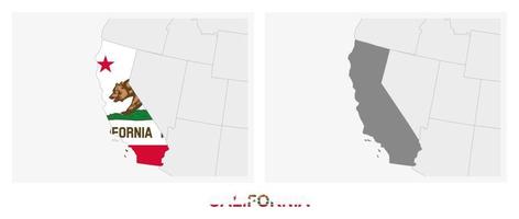 deux versions de la carte de l'état américain de la californie, avec le drapeau de la californie et surlignées en gris foncé. vecteur