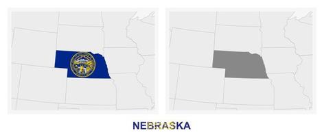 deux versions de la carte de l'état américain du nebraska, avec le drapeau du nebraska et surlignées en gris foncé. vecteur