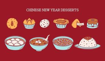 célébration cny, illustration vectorielle de desserts du nouvel an chinois dans le style doodle. vecteur