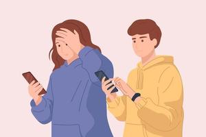 un homme et une femme choqués regardent le smartphone avec peur et anxiété. vecteur