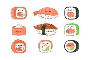 divers sushis et petits pains kawaii. personnages de dessins animés vecteur