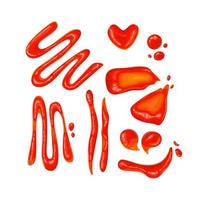 taches de ketchup. taches rouges de sauce tomate et gouttes de ketchup. vecteur