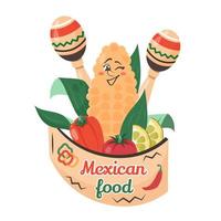 maïs de personnage mignon avec des éléments nationaux, des légumes et un cadre. nourriture mexicaine. doodle illustration vectorielle dessinée pour les plats, le menu, l'affiche, le dépliant, la bannière, la livraison, le concept de cuisine vecteur