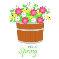 bac en bois pour fleurs avec bouquet de fleur de printemps. illustration vectorielle. vecteur