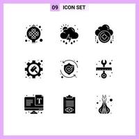 interface mobile glyphe solide ensemble de 9 pictogrammes de paramètres de sécurité options cloud éléments de conception vectoriels modifiables vecteur