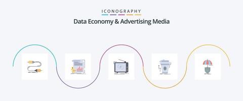 économie de données et médias publicitaires pack d'icônes plat 5, y compris le café. produit. informations. Positionner. La publicité vecteur