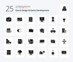 conception de jeux et développement de jeux pack de 25 icônes de glyphes solides, y compris dimensionnelles. 3d. Libération. scénario. développeur vecteur