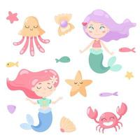 image vectorielle sertie de deux jolies sirènes, méduses, algues, poissons, étoiles de mer et huîtres perlières