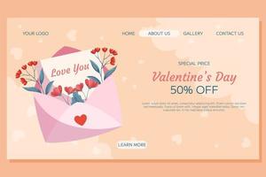 conception de modèle de page de destination de la saint-valentin. enveloppe ouverte rose, mots de lettre t'aiment fleurs rouges feuilles vertes toile de fond beige. offre de prix spécial concept achats en ligne nuages décoratifs coeurs vecteur