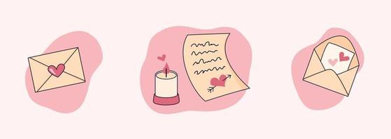 ensemble d'éléments d'enveloppes avec un coeur, une lettre d'amour et une bougie. illustration mignonne romantique dans un style plat. vecteur