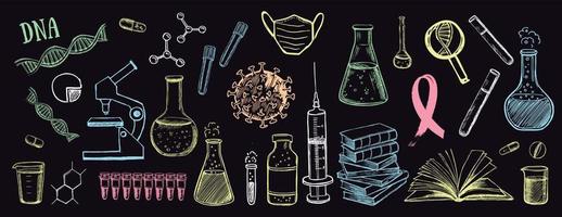 ensemble d'icônes dessinées à la main vectorielles de recherche en laboratoire. coronavirus, ADN, test sanguin. vecteur