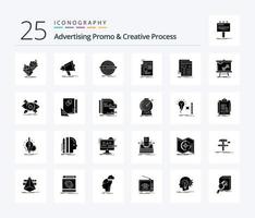 promotion publicitaire et processus créatif pack de 25 icônes de glyphes solides, y compris les actualités. gazette. médias. cible. crayon vecteur