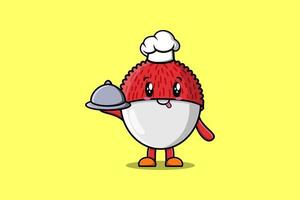 mignon, dessin animé, chef, litchi, mascotte, caractère, servir, nourriture, sur, plateau vecteur