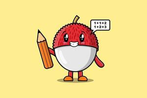 Étudiant intelligent de dessin animé mignon de litchi avec un crayon vecteur