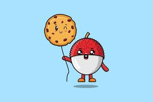 litchi de dessin animé mignon flottant avec ballon de biscuits vecteur