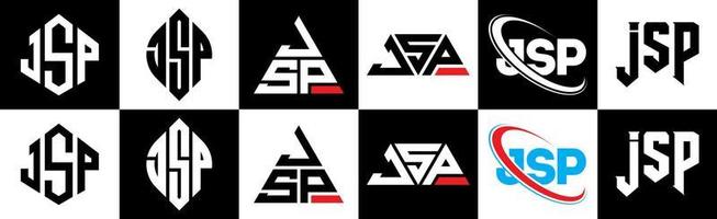 création de logo de lettre jsp en six styles. jsp polygone, cercle, triangle, hexagone, style plat et simple avec logo de lettre de variation de couleur noir et blanc dans un plan de travail. jsp logo minimaliste et classique vecteur