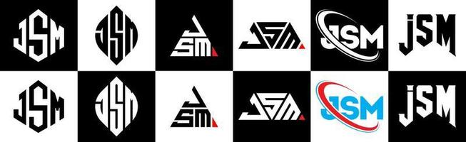 création de logo de lettre jsm en six styles. jsm polygone, cercle, triangle, hexagone, style plat et simple avec logo de lettre de variation de couleur noir et blanc dans un plan de travail. logo jsm minimaliste et classique vecteur