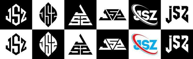 création de logo de lettre jsz en six styles. jsz polygone, cercle, triangle, hexagone, style plat et simple avec logo de lettre de variation de couleur noir et blanc dans un plan de travail. jsz logo minimaliste et classique vecteur