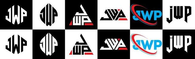 création de logo de lettre jwp en six styles. jwp polygone, cercle, triangle, hexagone, style plat et simple avec logo de lettre de variation de couleur noir et blanc dans un plan de travail. jwp logo minimaliste et classique vecteur