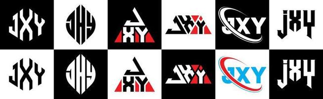 création de logo de lettre jxy en six styles. jxy polygone, cercle, triangle, hexagone, style plat et simple avec logo de lettre de variation de couleur noir et blanc dans un plan de travail. jxy logo minimaliste et classique vecteur