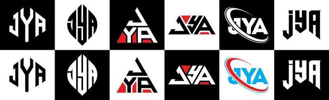 création de logo de lettre jya en six styles. jya polygone, cercle, triangle, hexagone, style plat et simple avec logo de lettre de variation de couleur noir et blanc dans un plan de travail. jya logo minimaliste et classique vecteur