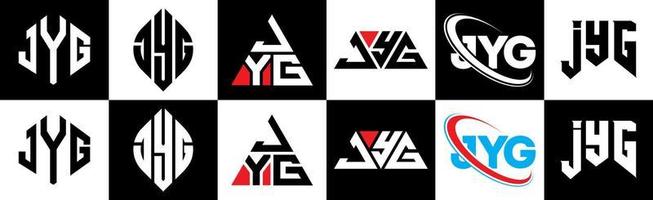 création de logo de lettre jyg en six styles. jyg polygone, cercle, triangle, hexagone, style plat et simple avec logo de lettre de variation de couleur noir et blanc dans un plan de travail. jyg logo minimaliste et classique vecteur