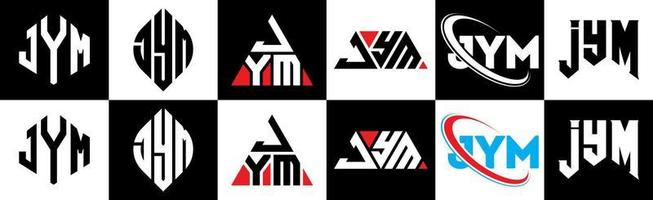 création de logo de lettre jym en six styles. jym polygone, cercle, triangle, hexagone, style plat et simple avec logo de lettre de variation de couleur noir et blanc dans un plan de travail. jym logo minimaliste et classique vecteur